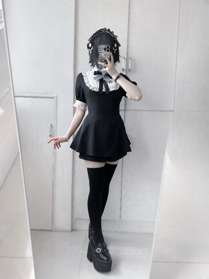 Korean Style Lace Lapel Cape Dress Set