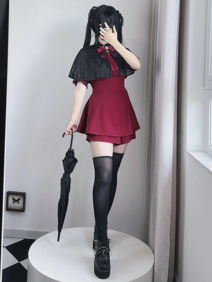 Korean Style Lace Lapel Cape Dress Set