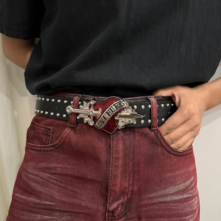 Red Heart Wings Belt Rivet Waistband