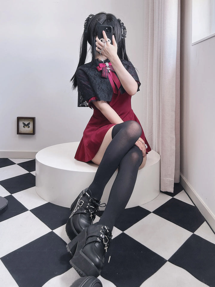 Korean Style Lace Lapel Cape Dress Set