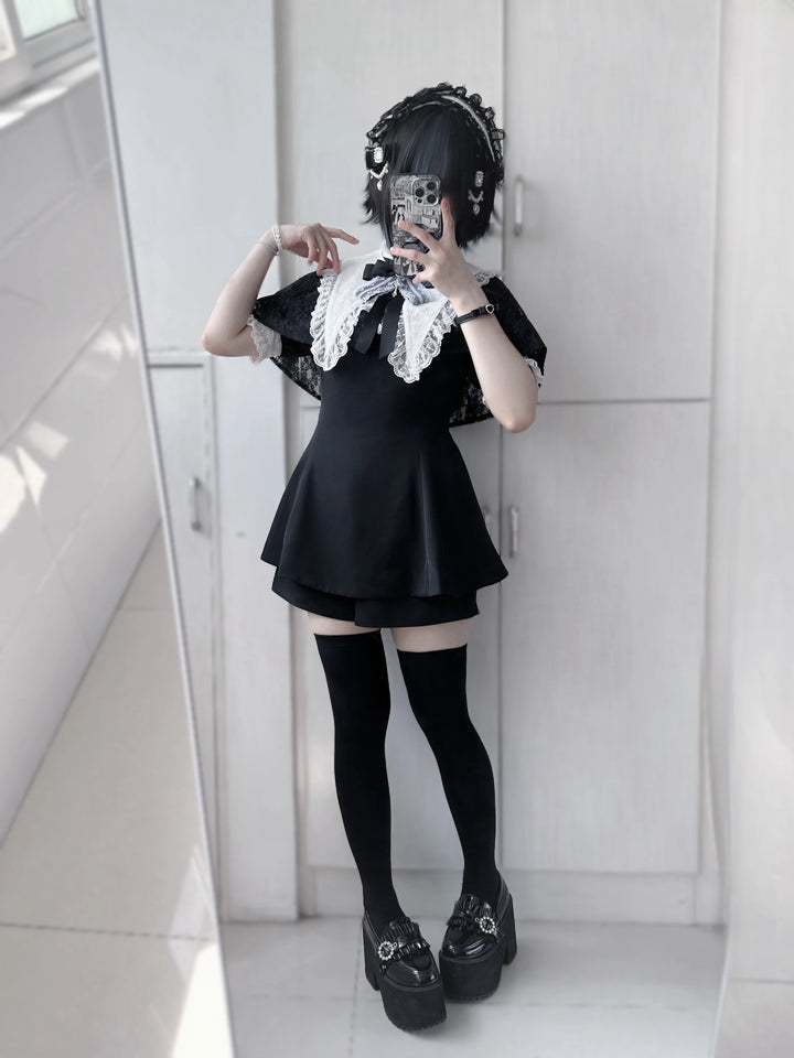 Korean Style Lace Lapel Cape Dress Set