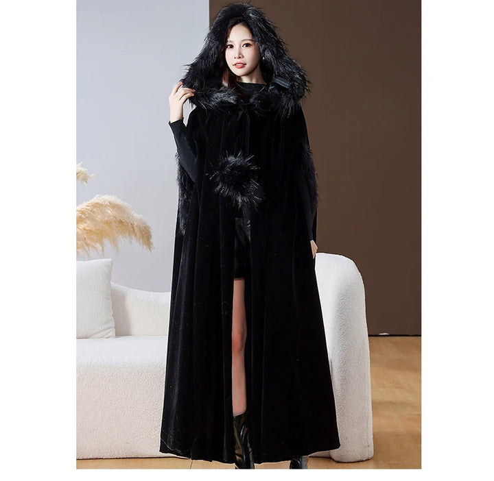 Faux Fur Hood Warm Velvet Cloak