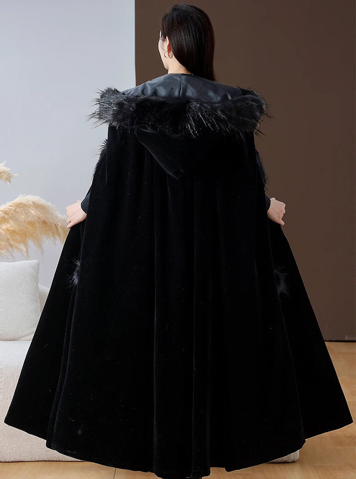Faux Fur Hood Warm Velvet Cloak