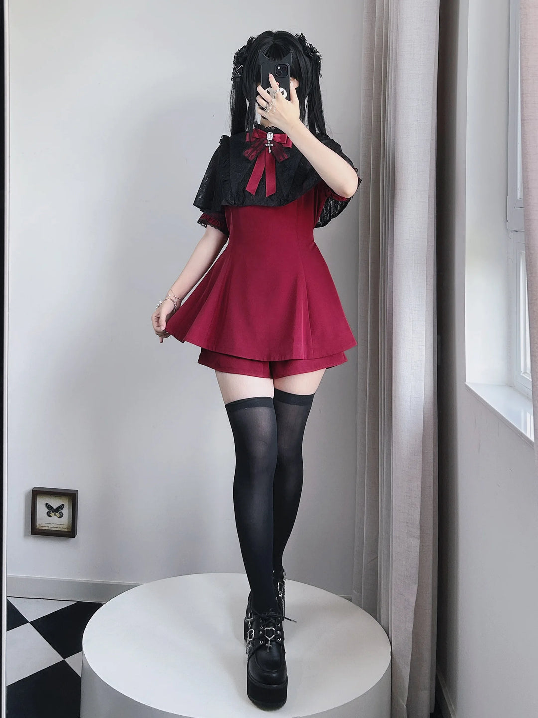 Korean Style Lace Lapel Cape Dress Set
