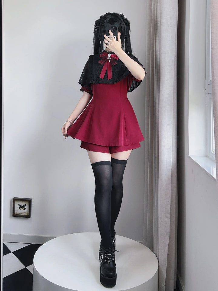 Korean Style Lace Lapel Cape Dress Set