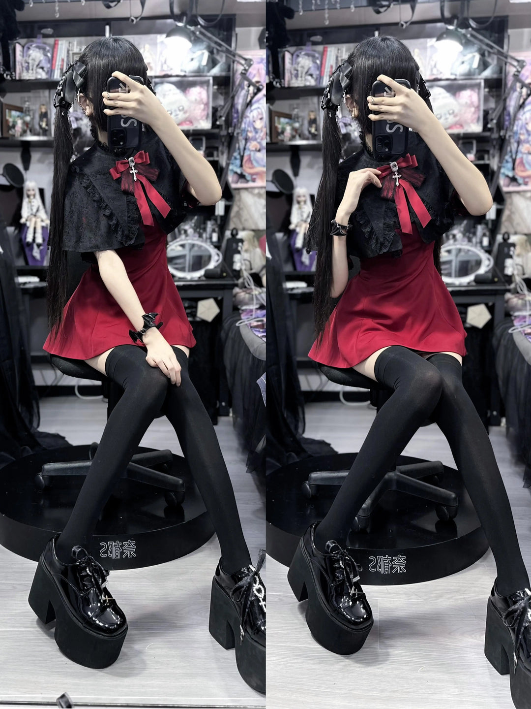 Korean Style Lace Lapel Cape Dress Set