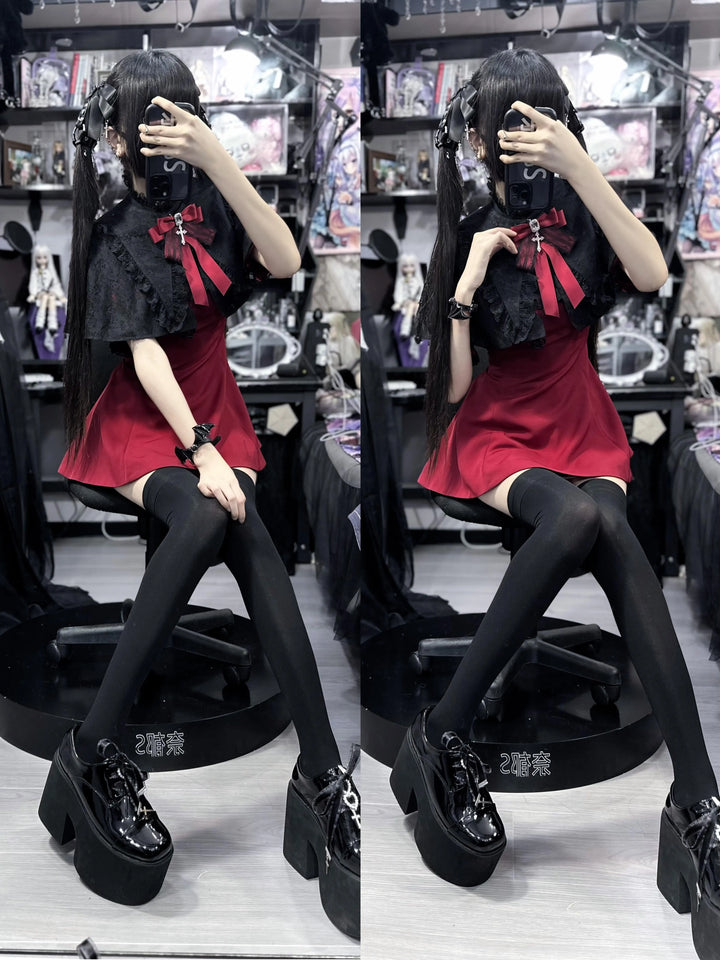 Korean Style Lace Lapel Cape Dress Set