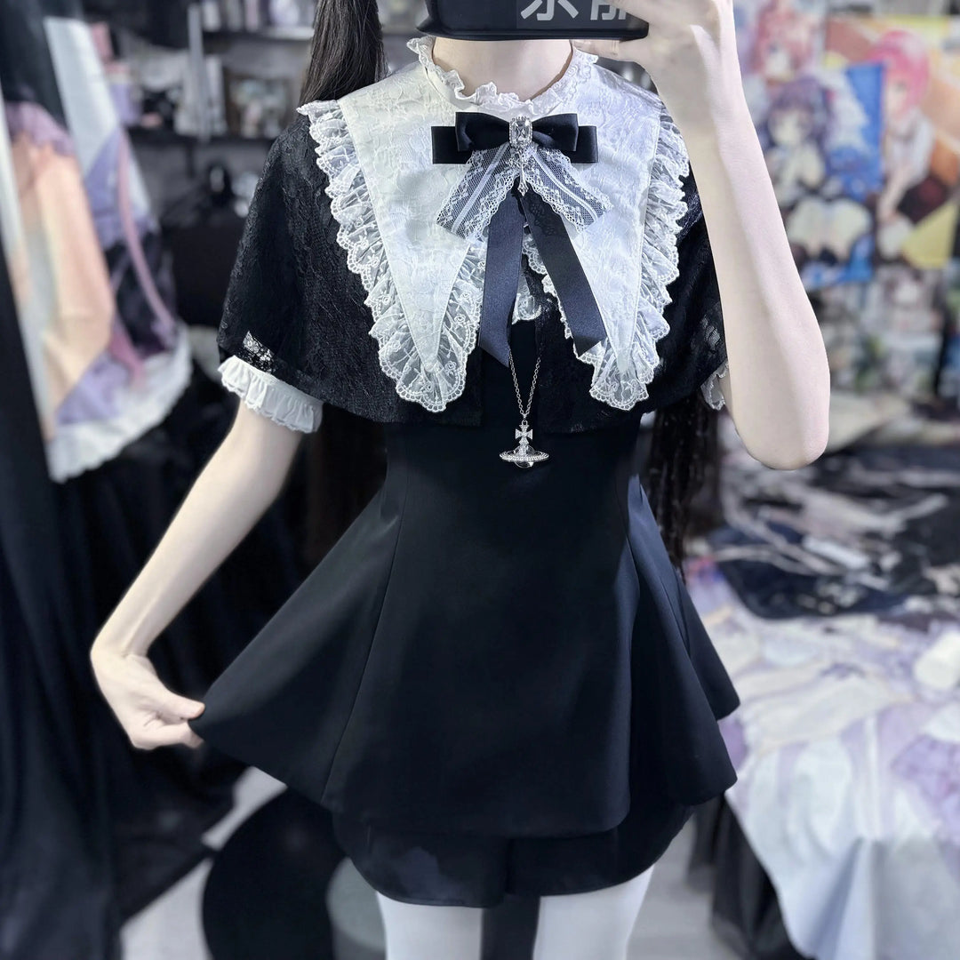 Korean Style Lace Lapel Cape Dress Set