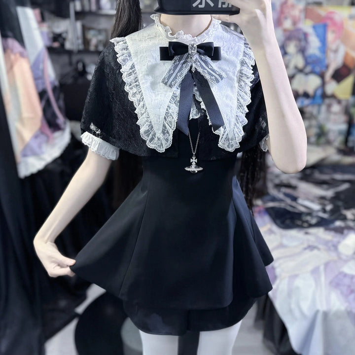 Korean Style Lace Lapel Cape Dress Set
